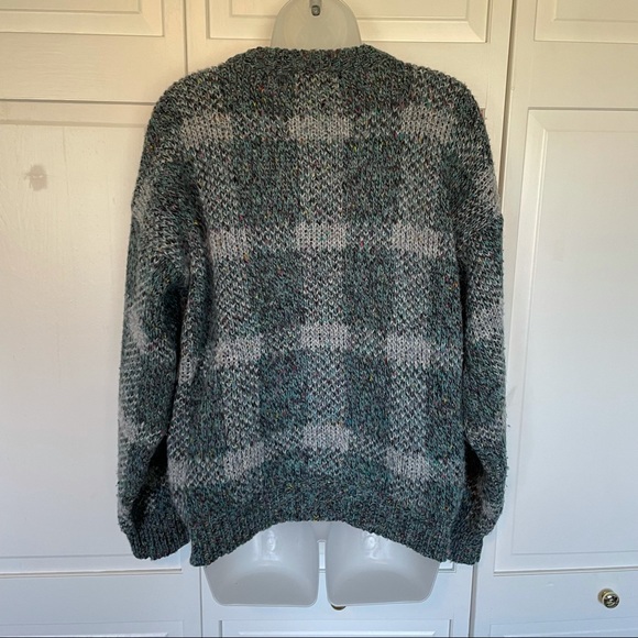 Vintage Wool Chunky Grandma Sweater Green Pattern Gingham Holiday Christmas - Picture 7 of 9